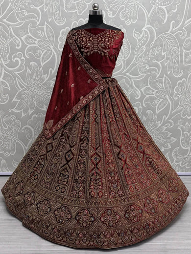 Ravishing Maroon Embroidered Velvet Bridal Lehenga Choli With Double Dupatta - Ethnic Plus In